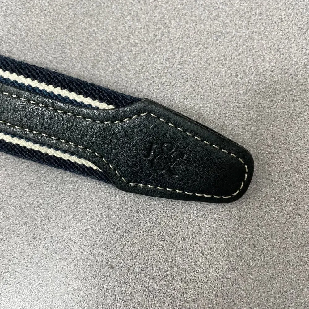 Kent and Curwent Belt 90cm Mens Blue Cotton Leather Preppy Silver Buckle Stripe